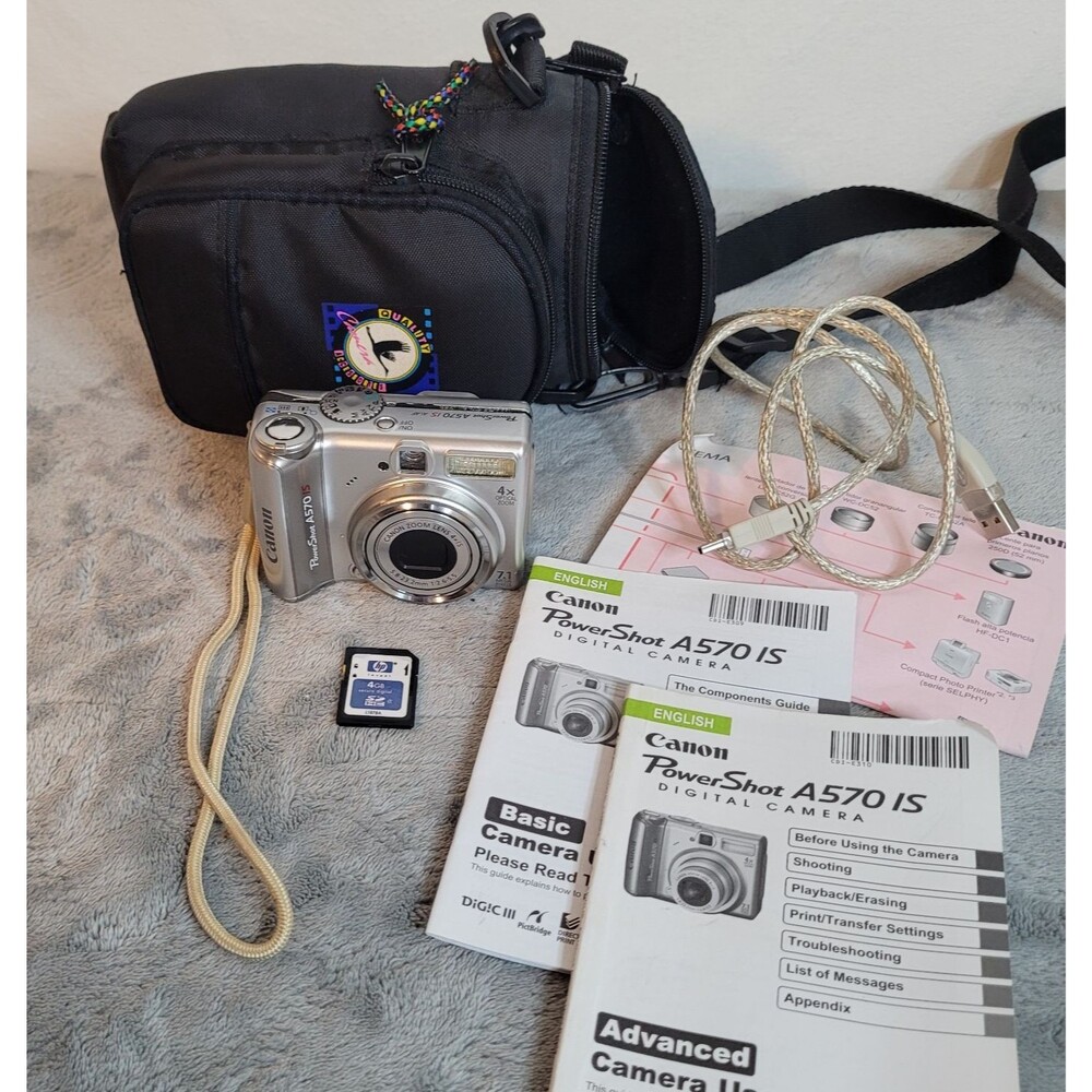 Canon PowerShot A570 IS Digital Camera Silver 7.1MP Manuals Card USB Cord -WORKS